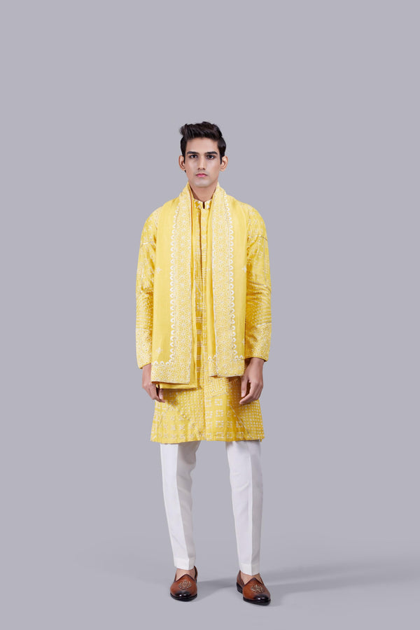 b more HAND PAINT YELLOW LINEN THREAD WORK KURTA SET