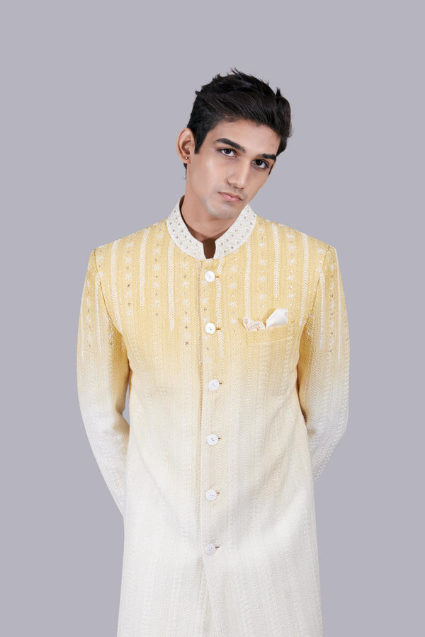 B More LEMON YELLOW GEORGETTE LUCKNOWI WORK INDO WESTERN