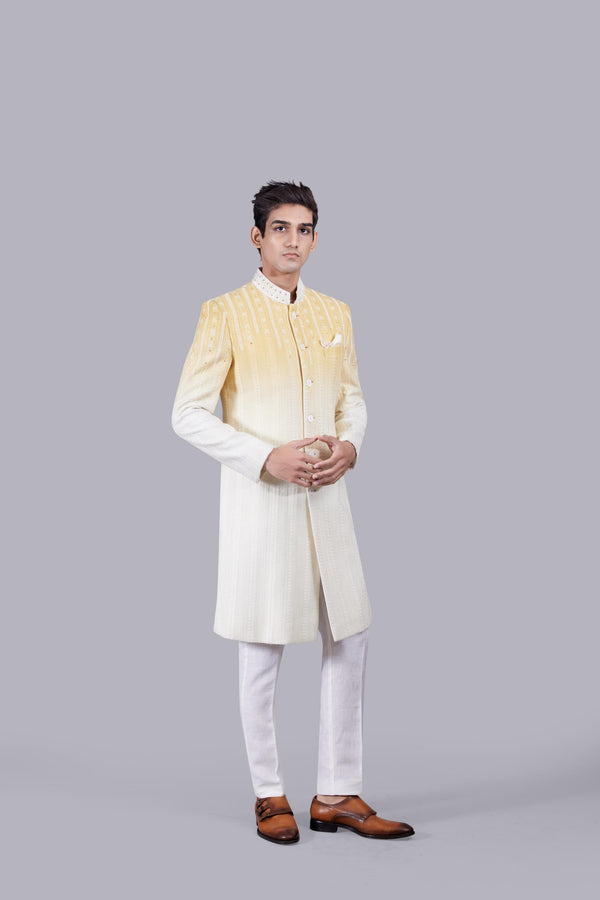 B More LEMON YELLOW GEORGETTE LUCKNOWI WORK INDO WESTERN