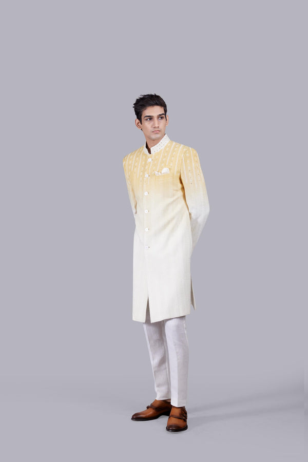 B More LEMON YELLOW GEORGETTE LUCKNOWI WORK INDO WESTERN