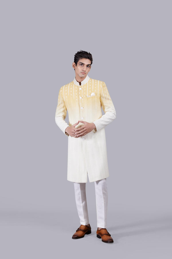 b more LEMON YELLOW GEORGETTE LUCKNOWI WORK INDO WESTERN