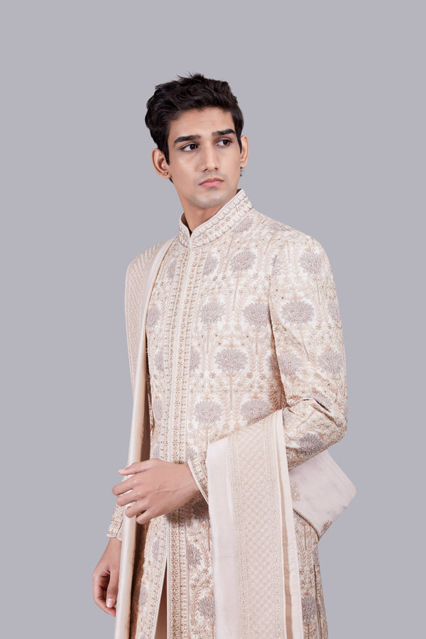 B More LIGHT PEACH CHANDERI SILK THREAD WORK SHERWANI