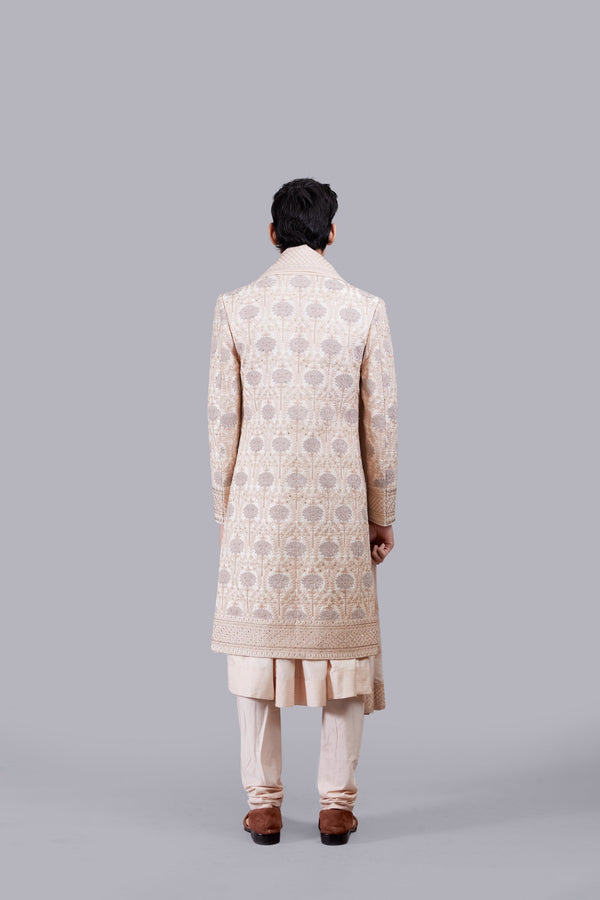 B More LIGHT PEACH CHANDERI SILK THREAD WORK SHERWANI