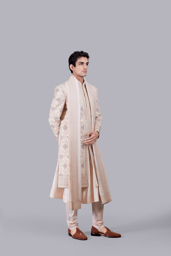 B More LIGHT PEACH CHANDERI SILK THREAD WORK SHERWANI