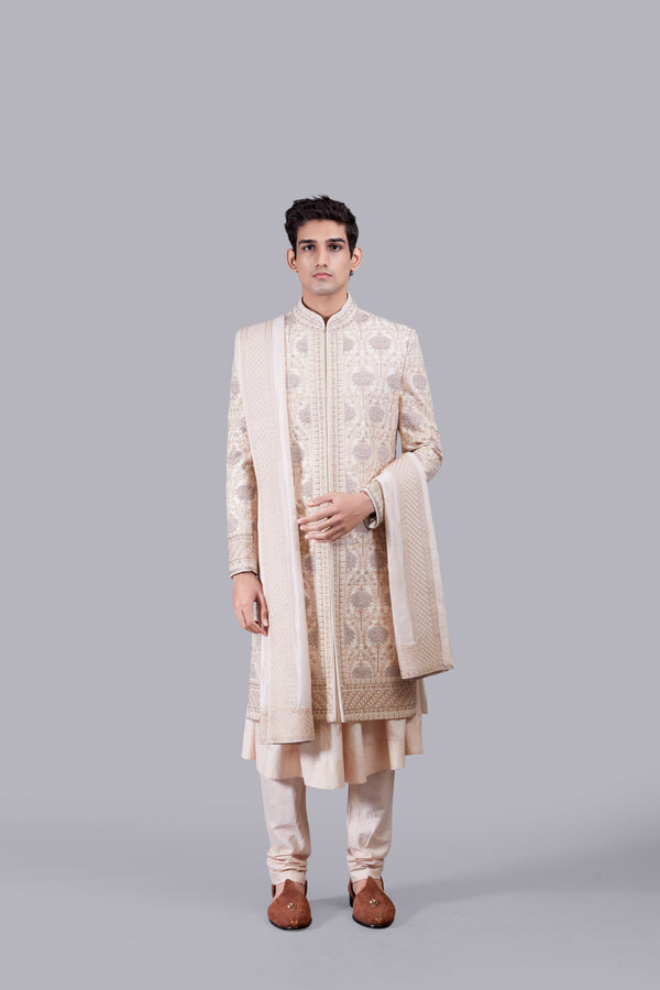 b more LIGHT PEACH CHANDERI SILK THREAD WORK SHERWANI