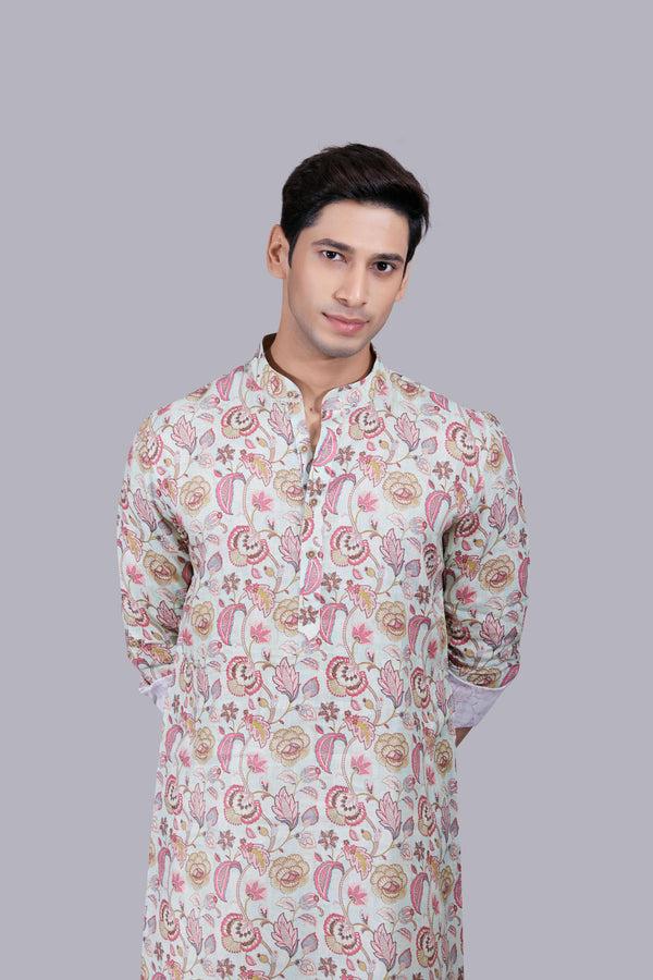 B More LIGHT PISTA DIGITAL PRINT LINEN THREAD WORK KURTA SET