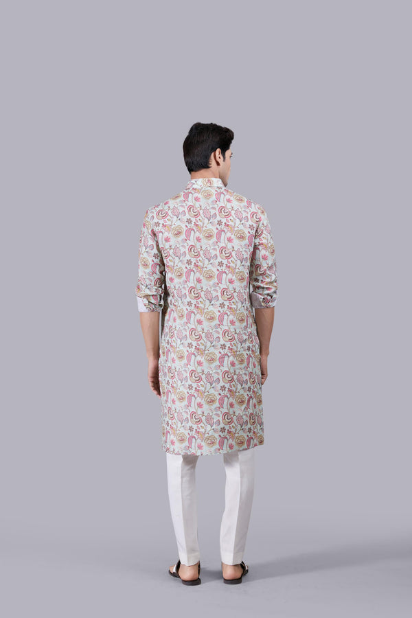 B More LIGHT PISTA DIGITAL PRINT LINEN THREAD WORK KURTA SET