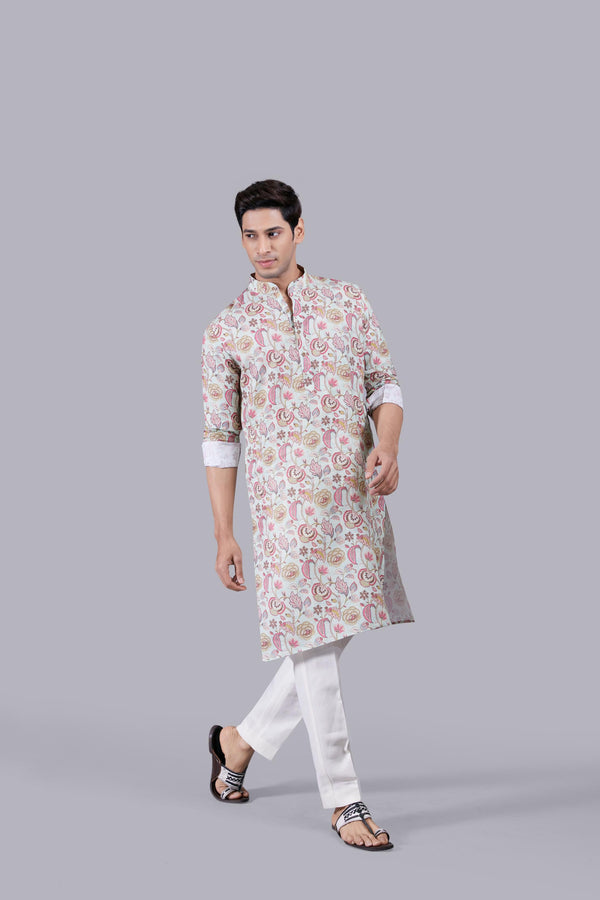 B More LIGHT PISTA DIGITAL PRINT LINEN THREAD WORK KURTA SET