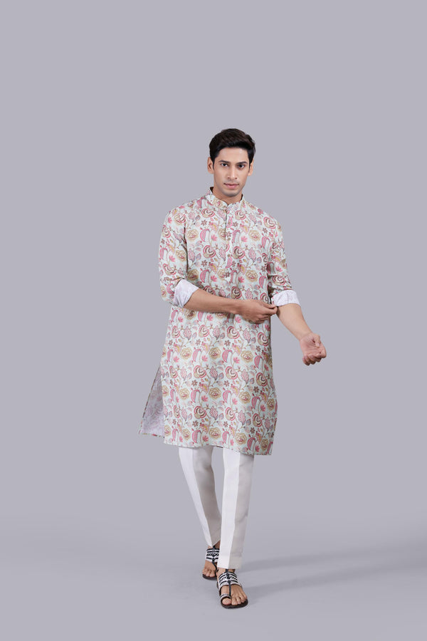 b more LIGHT PISTA DIGITAL PRINT LINEN THREAD WORK KURTA SET