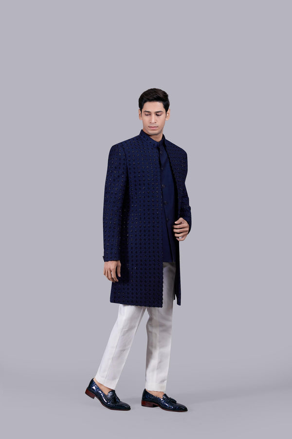 B More NAVY BLUE COTTON SILK THREAD WORK INDO WESTERN