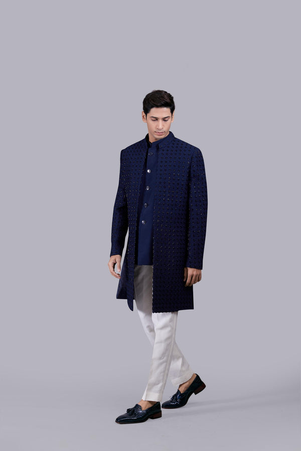 B More NAVY BLUE COTTON SILK THREAD WORK INDO WESTERN