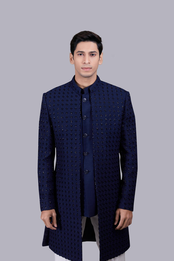 B More NAVY BLUE COTTON SILK THREAD WORK INDO WESTERN