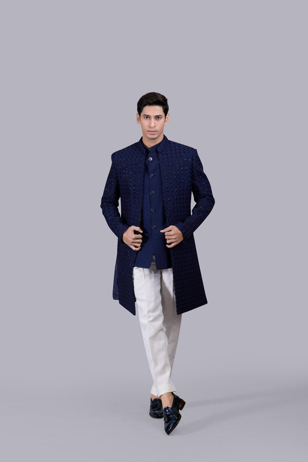 b more NAVY BLUE COTTON SILK THREAD WORK INDO WESTERN