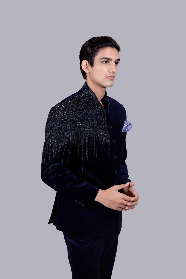 B More NAVY BLUE ITALIAN COTTON VELVET METAL WORK JODHPURI