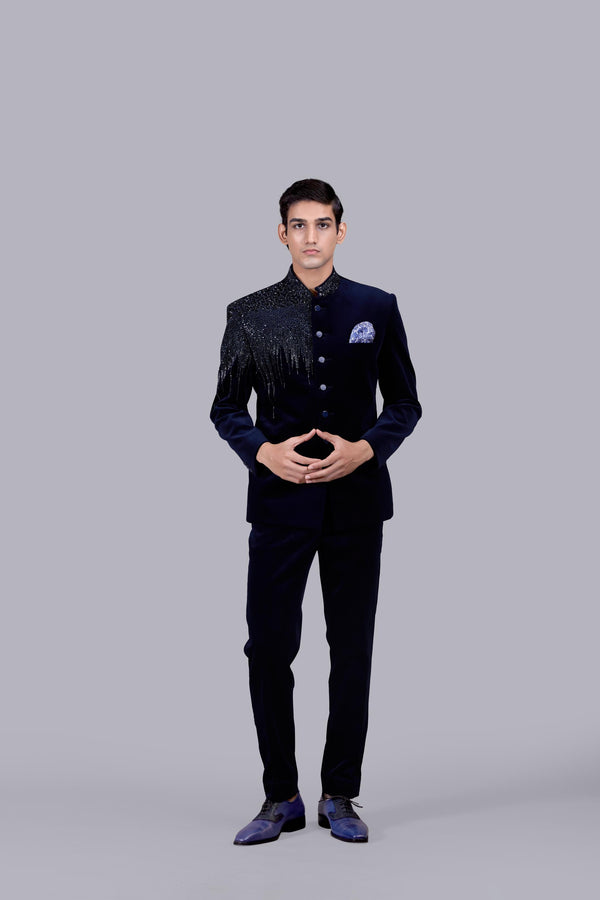 b more NAVY BLUE ITALIAN COTTON VELVET METAL WORK JODHPURI