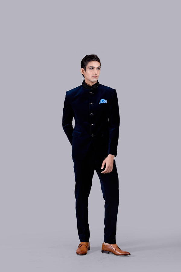 b more NAVY BLUE ITALIAN COTTON VELVET PEARL WORK JODHPURI