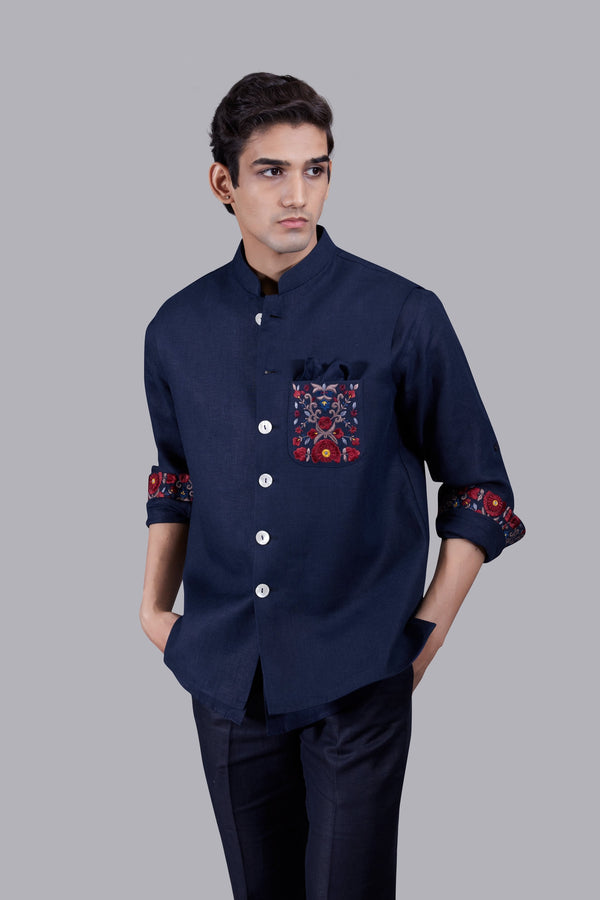 B More NAVY BLUE LINEN EMBROIDERY WORK NEHRU JACKET