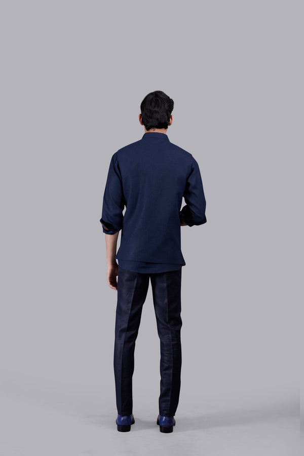 B More NAVY BLUE LINEN EMBROIDERY WORK NEHRU JACKET