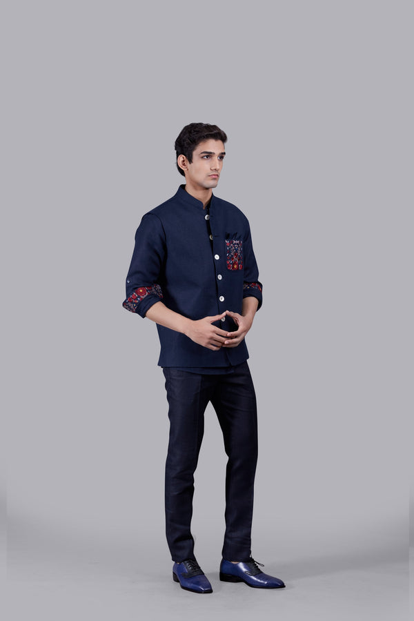 B More NAVY BLUE LINEN EMBROIDERY WORK NEHRU JACKET
