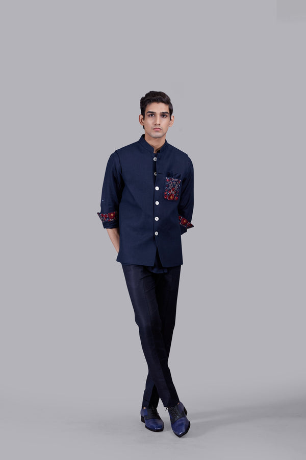 b more NAVY BLUE LINEN EMBROIDERY WORK NEHRU JACKET