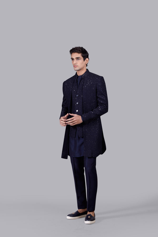 B More NAVY BLUE PURE BANGLORI SILK THREAD WORK INDOWESTERN