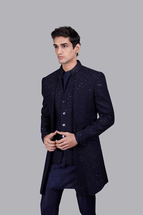 B More NAVY BLUE PURE BANGLORI SILK THREAD WORK INDOWESTERN