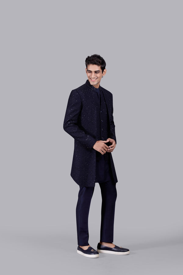 B More NAVY BLUE PURE BANGLORI SILK THREAD WORK INDOWESTERN