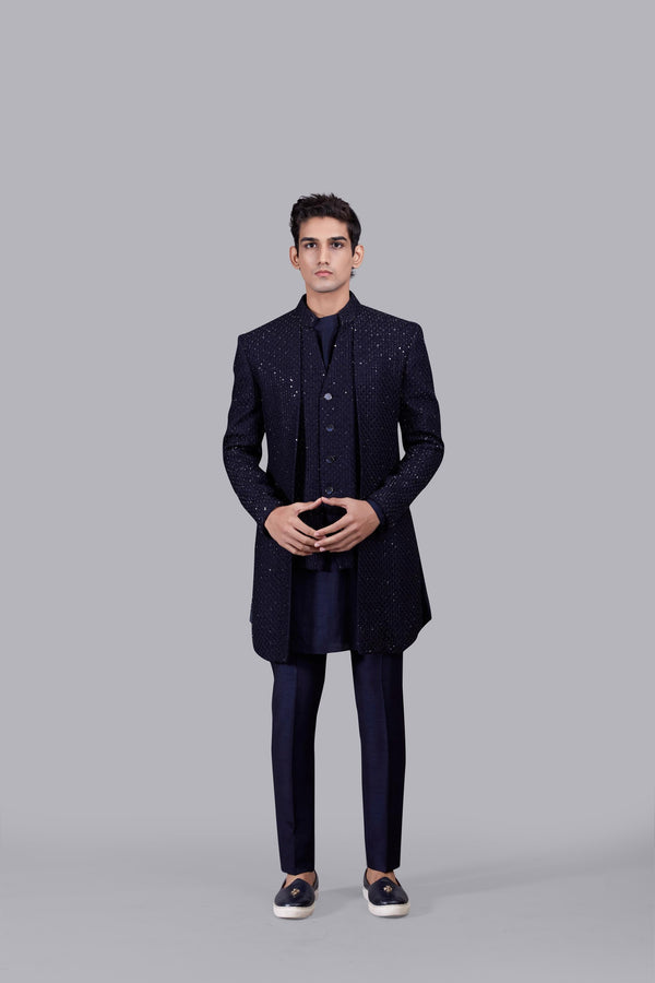 b more NAVY BLUE PURE BANGLORI SILK THREAD WORK INDOWESTERN