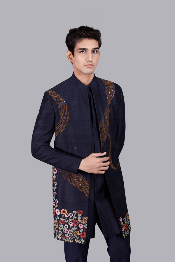 B More NAVY BLUE RAW SILK ZARDOSI WORK INDO WESTERN