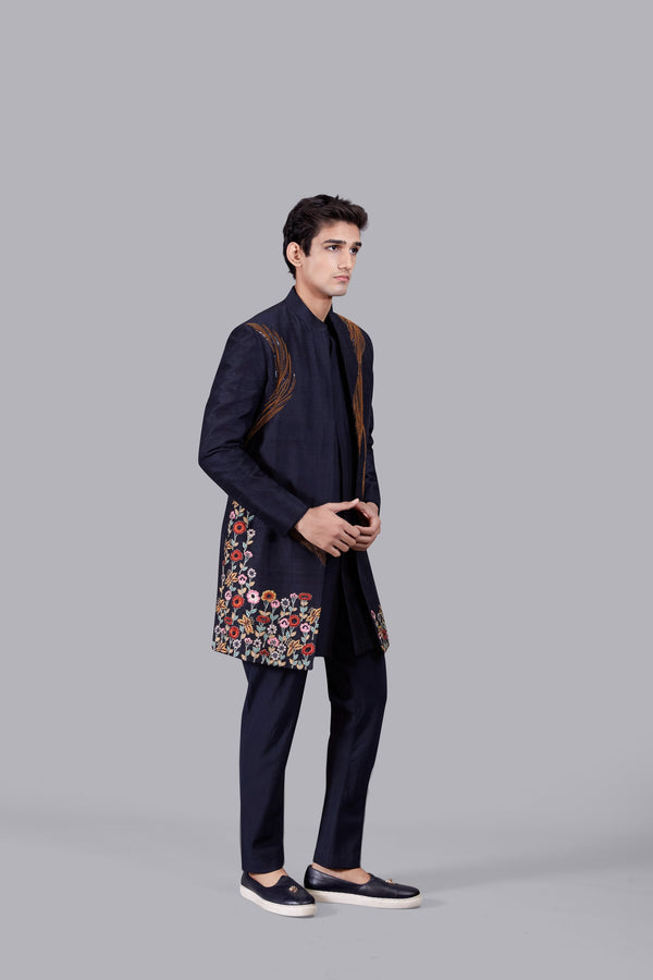 B More NAVY BLUE RAW SILK ZARDOSI WORK INDO WESTERN