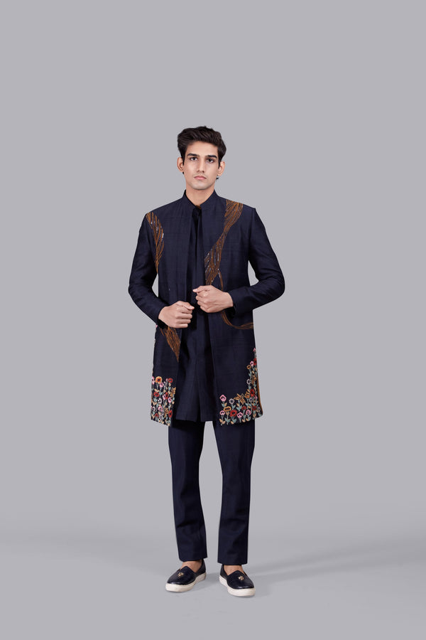 b more NAVY BLUE RAW SILK ZARDOSI WORK INDO WESTERN