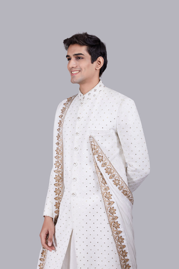 B More OFF WHITE CHANDERI SILK LUCKNOWI WORK SHERWANI