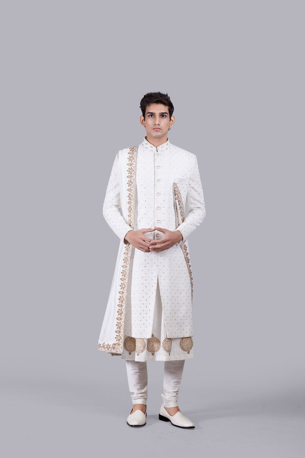 B More OFF WHITE CHANDERI SILK LUCKNOWI WORK SHERWANI