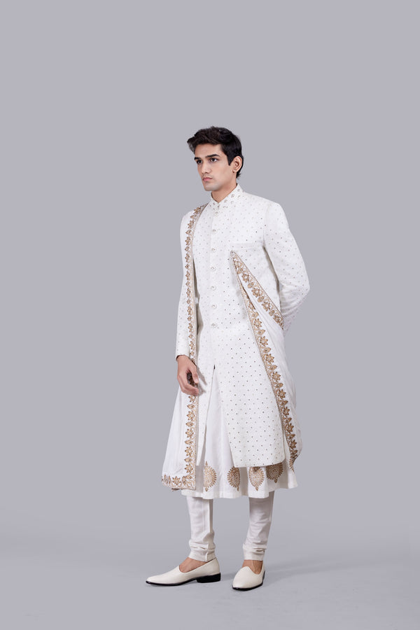 B More OFF WHITE CHANDERI SILK LUCKNOWI WORK SHERWANI