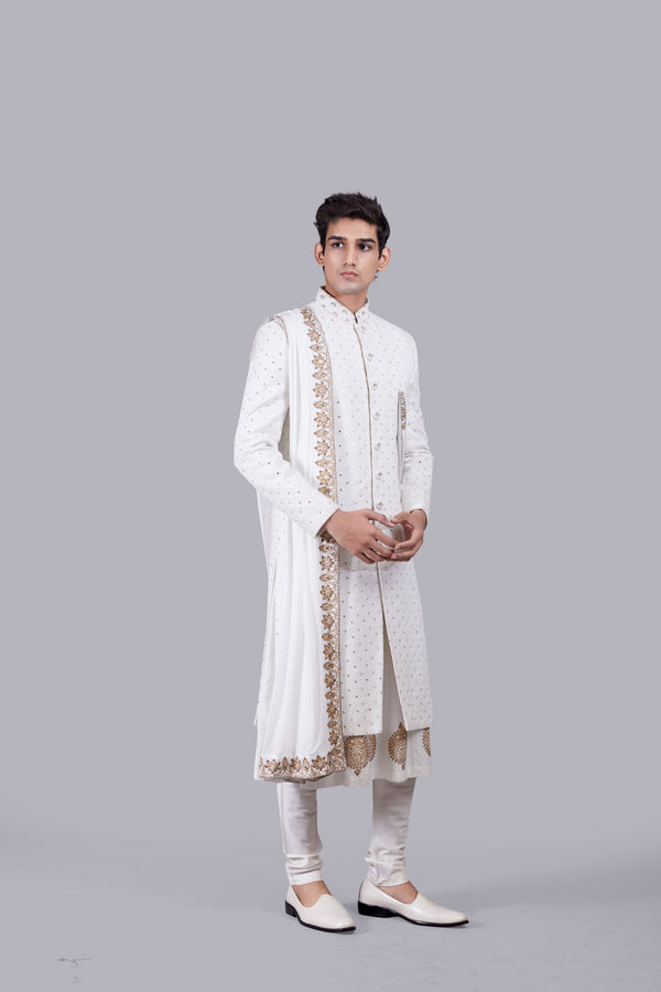 b more OFF WHITE CHANDERI SILK LUCKNOWI WORK SHERWANI