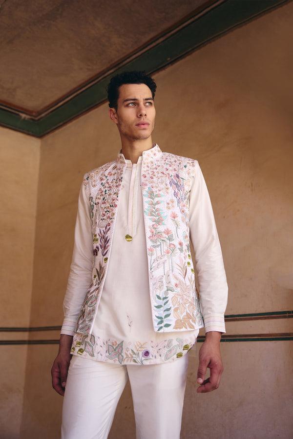 B More Off-White Chanderi Silk Resham Threadwork Bundi Set