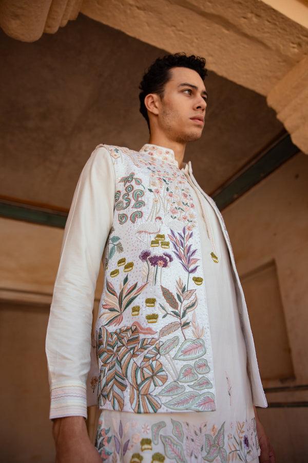 B More Off-White Chanderi Silk Resham Threadwork Bundi Set