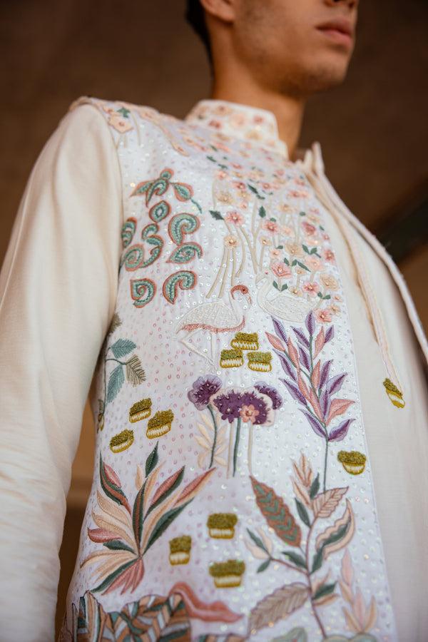 B More Off-White Chanderi Silk Resham Threadwork Bundi Set