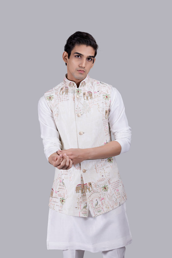 B More OFF WHITE CHANDERI SILK THREAD WORK BUNDI SET