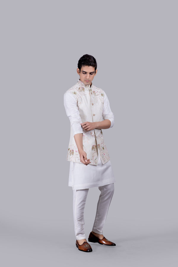 B More OFF WHITE CHANDERI SILK THREAD WORK BUNDI SET