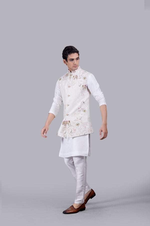 B More OFF WHITE CHANDERI SILK THREAD WORK BUNDI SET