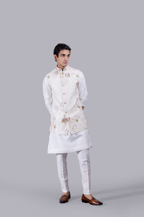 b more OFF WHITE CHANDERI SILK THREAD WORK BUNDI SET