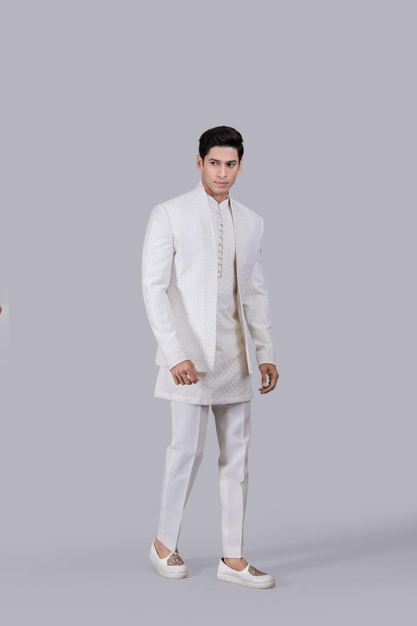 B More OFF WHITE COTTON SILK THREAD WORK INDO WESTERN