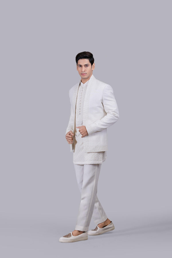 B More OFF WHITE COTTON SILK THREAD WORK INDO WESTERN