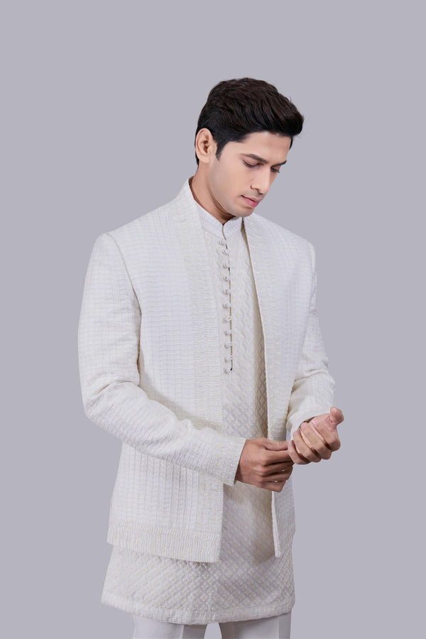 B More OFF WHITE COTTON SILK THREAD WORK INDO WESTERN