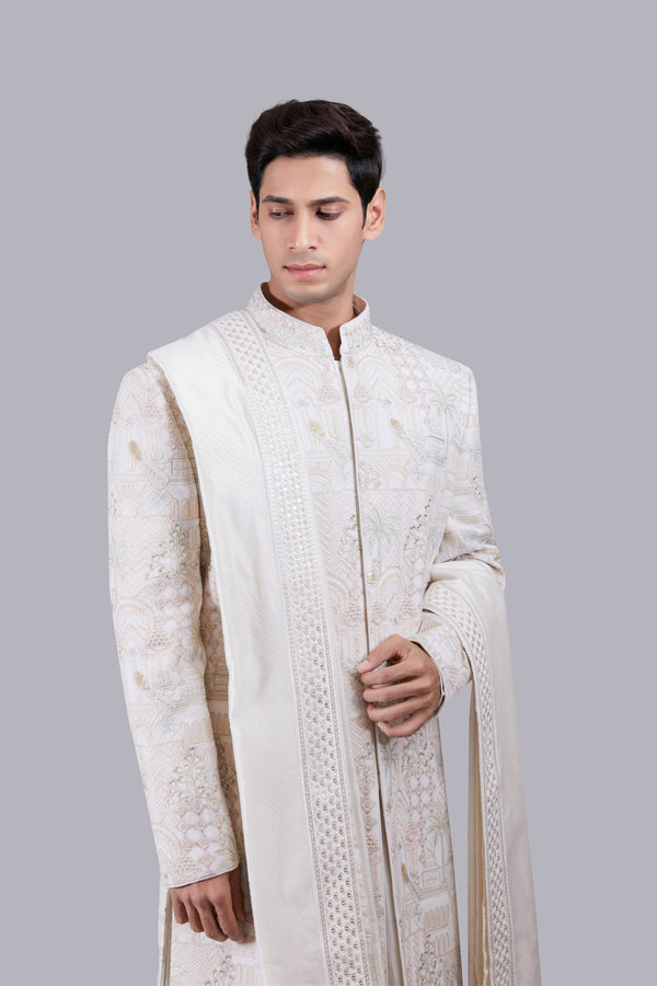 B More OFF WHITE GEORGETTE EMBROIDERY WORK SHERWANI