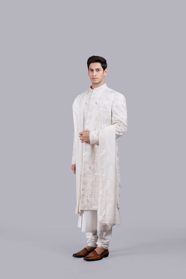 B More OFF WHITE GEORGETTE EMBROIDERY WORK SHERWANI