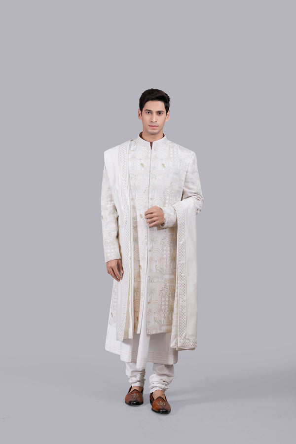 b more OFF WHITE GEORGETTE EMBROIDERY WORK SHERWANI