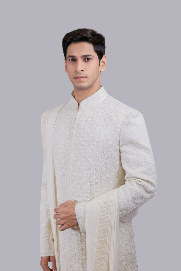 B More OFF WHITE PURE TISSUE SILK PEARL WORK SHERWANI