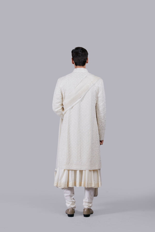 B More OFF WHITE PURE TISSUE SILK PEARL WORK SHERWANI